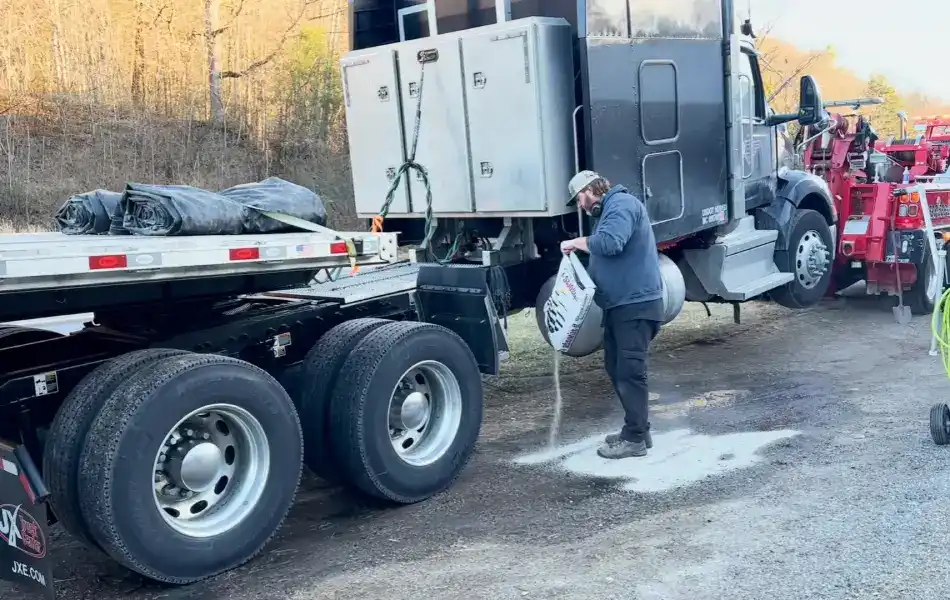 Drying up oil spill from tractor trailer during cleanup.